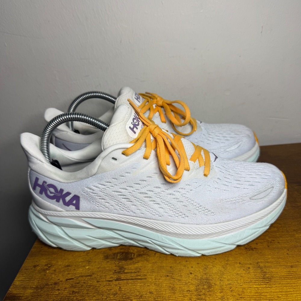 Hoka Clifton 8 Running Shoes Womens Size 8 White Purple Orange 1119394 BDBW